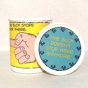 Vtg Hallmark Buck Stops Over There Mug with Lid